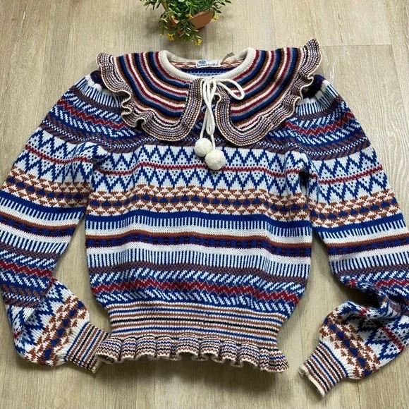 Vintage 70's Patterned Collared Sweater - Picture 5 of 9